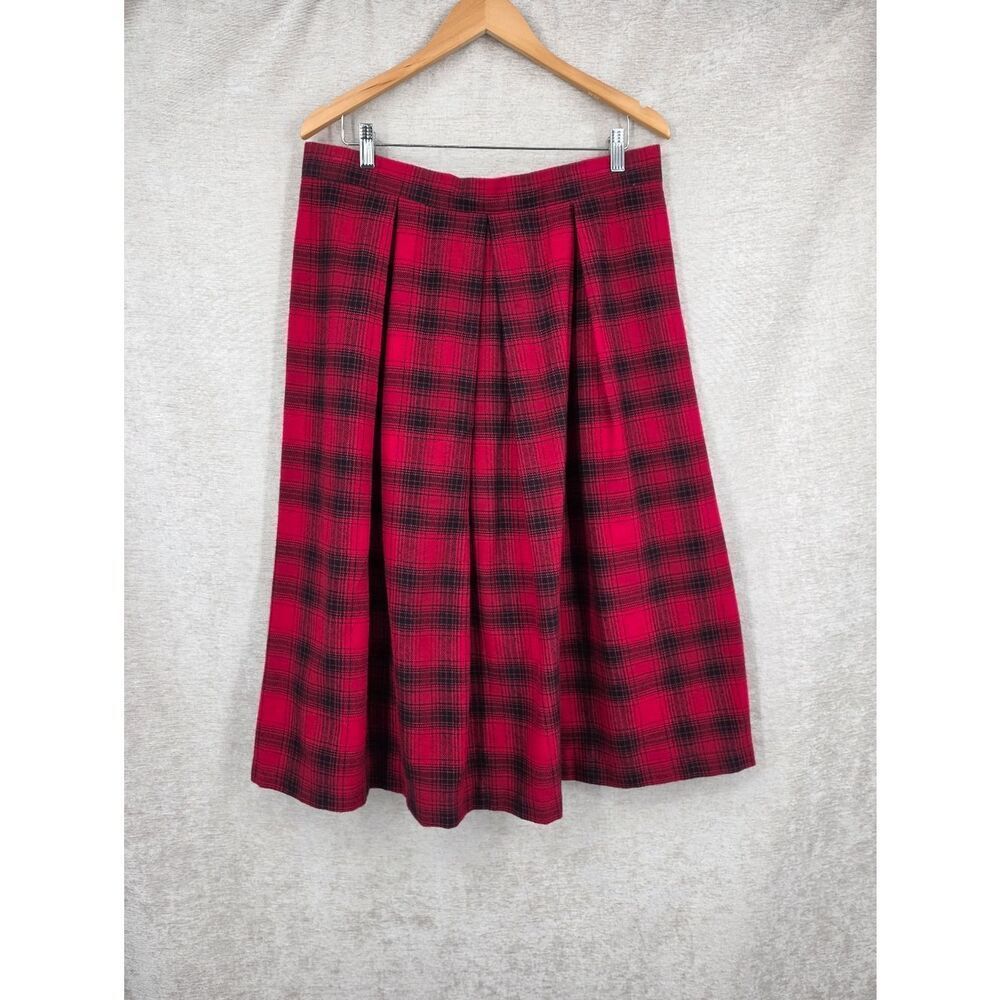 Vintage Handmade Red Flannel Plaid Pleated Midi Skirt